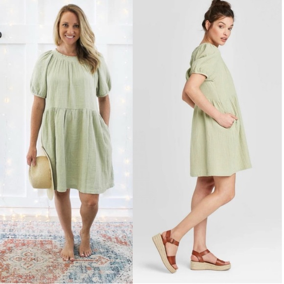 Universal Thread Smocked Gauze Shift Cotton Pastel Mint Baby Doll Dress size M - Picture 1 of 12